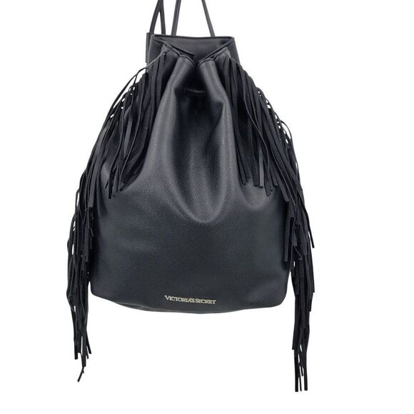 Victorias Secret Black Fringe Faux Leather Backpack Shoulder Bag Boho Biker - Picture 1 of 11